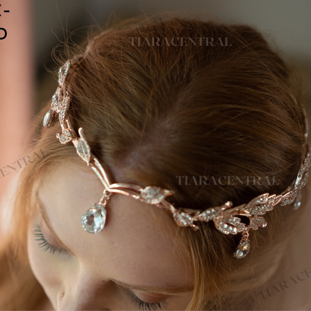 Fairy Gold Leaf Tiara with Crystal Accents - Picture 4 of 12